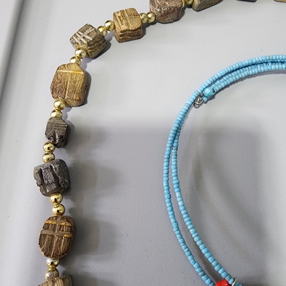 Turquoise Red Beaded Boho W Carved Scarab Natual Carved Necklace Jewelry Bundle - Picture 8 of 10